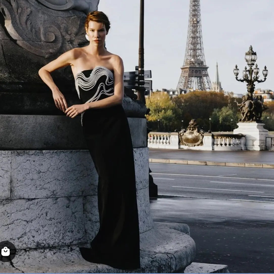 Celebrity Red Carpet Dress Women Sexy Strapless Diamond Lines Bodycon Bandage Long Dress Fashion Elegant Evening Party Vestido