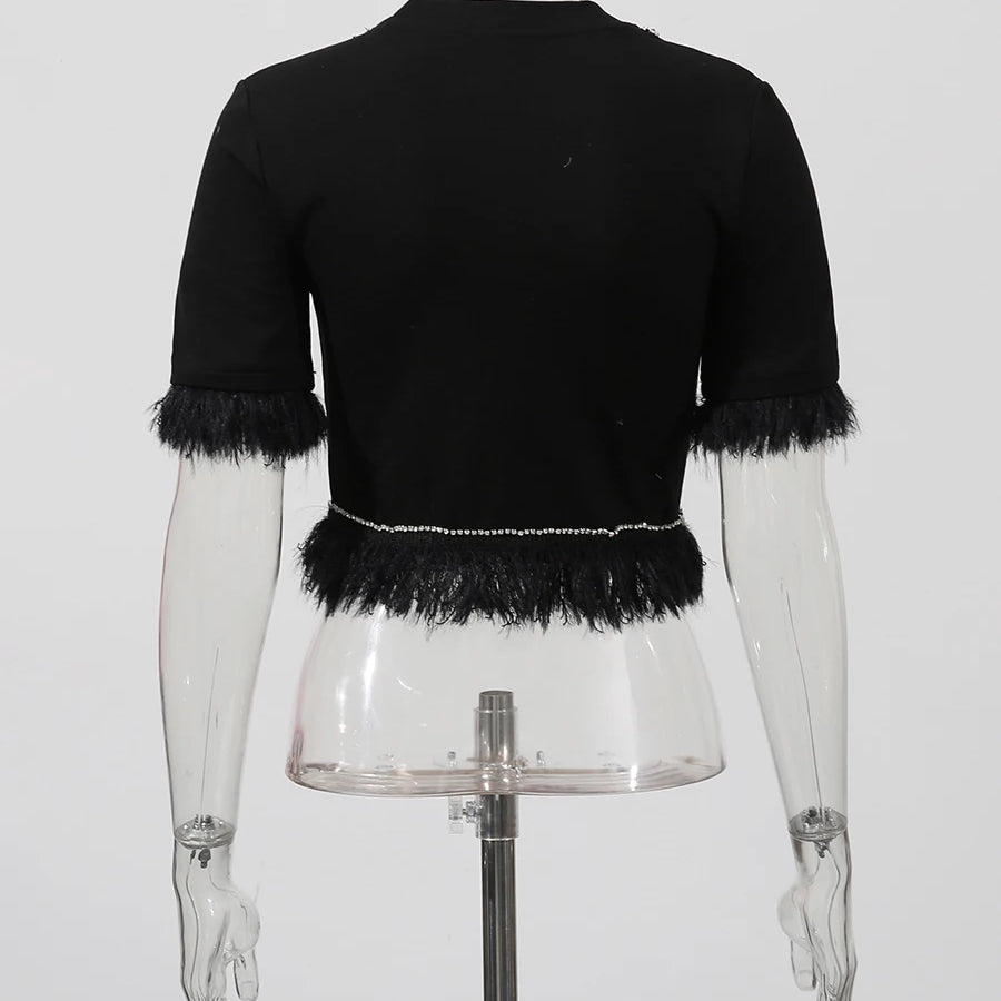 Slimming Spliced Diamond Elegant T Shirts for Women Round Neck Short Sleeves Patchwork Tassels Tees Femlae Fashion