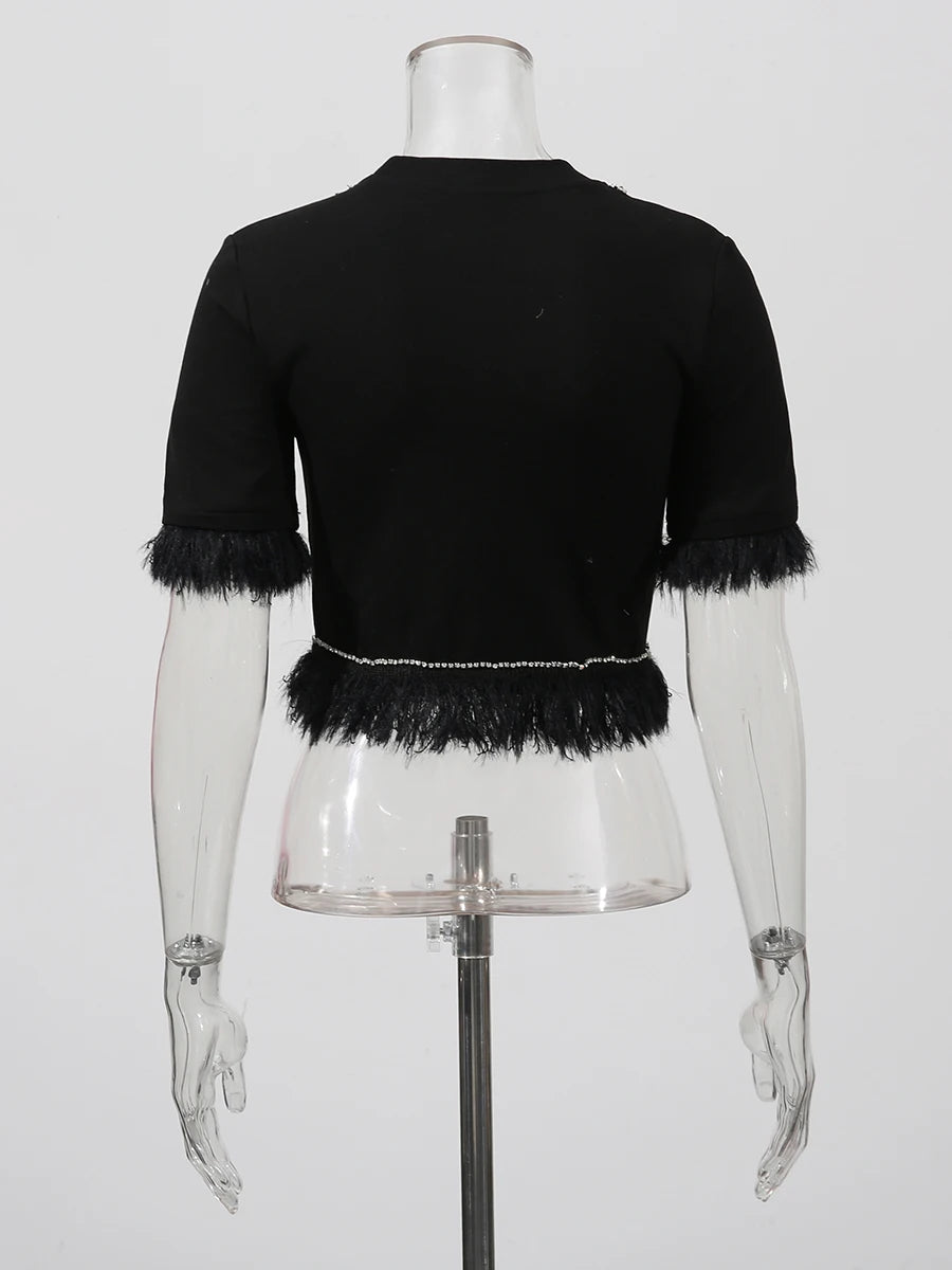 Slimming Spliced Diamond Elegant T Shirts for Women Round Neck Short Sleeves Patchwork Tassels Tees Femlae Fashion