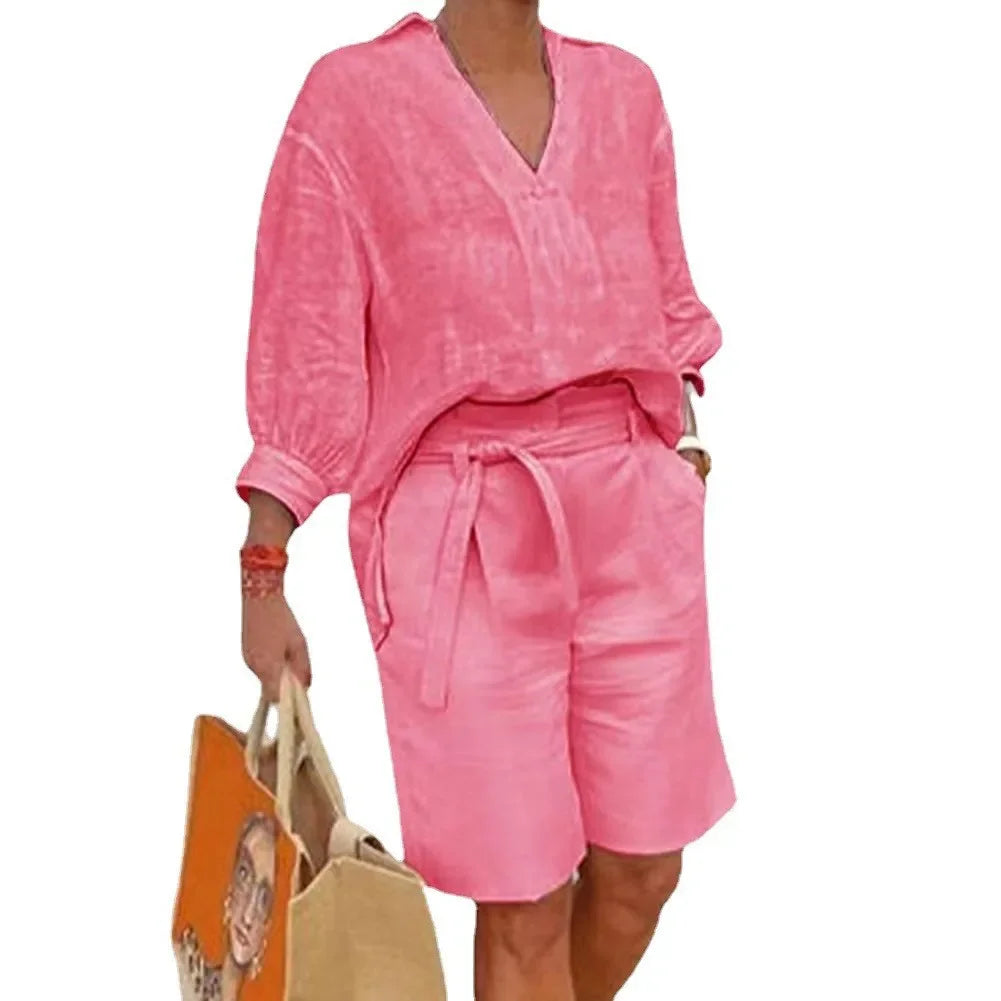 2024 Summer Fashion Plus Size New Matching Collection Women's Shorts Set V-neck Short Sleeves Sports Cotton Linen Two Piece Set Pink