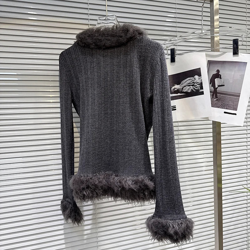 Winter New Fashion V-Neck Fur Collar Patchwork Long Sleeve T-Shirt For Women Versatile Knitted Cardigan 11A07844