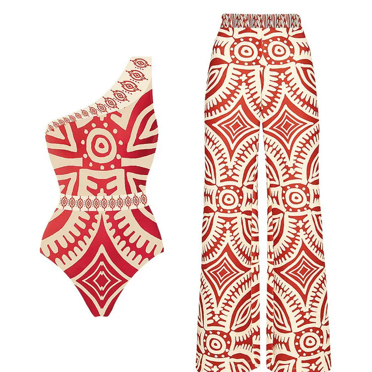 Sexy One Shoulder Printed Swimwear Women 2023 Vintage High Waisted One Piece Swimsuit with Cover Up for Beach Vacation, Swim ML022R1