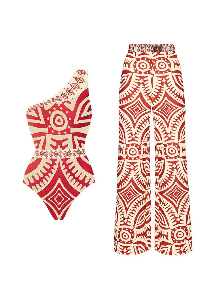 Sexy One Shoulder Printed Swimwear Women 2023 Vintage High Waisted One Piece Swimsuit with Cover Up for Beach Vacation, Swim ML022R1