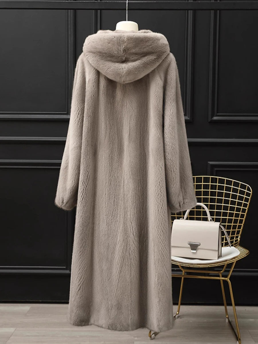 Lautaro Autumn Winter Long Luxury Elegant Thick Warm Fluffy Soft Faux Mink Fur Coat Women with Hood Black Furry Overcoat 2025