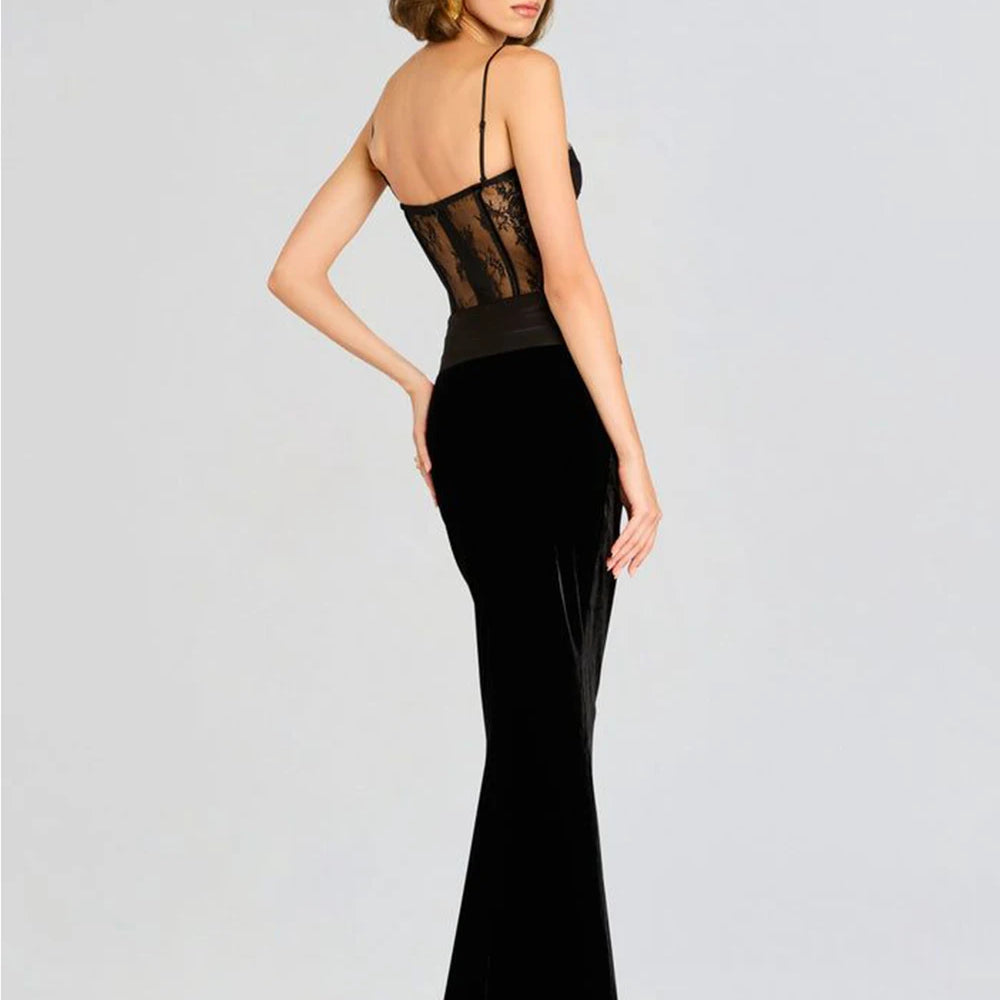 Women'S Sling Velvet Long Dress Sexy See Through Lace Slim Fishbone Dress Elegant Celebrity Evening Party Gowns