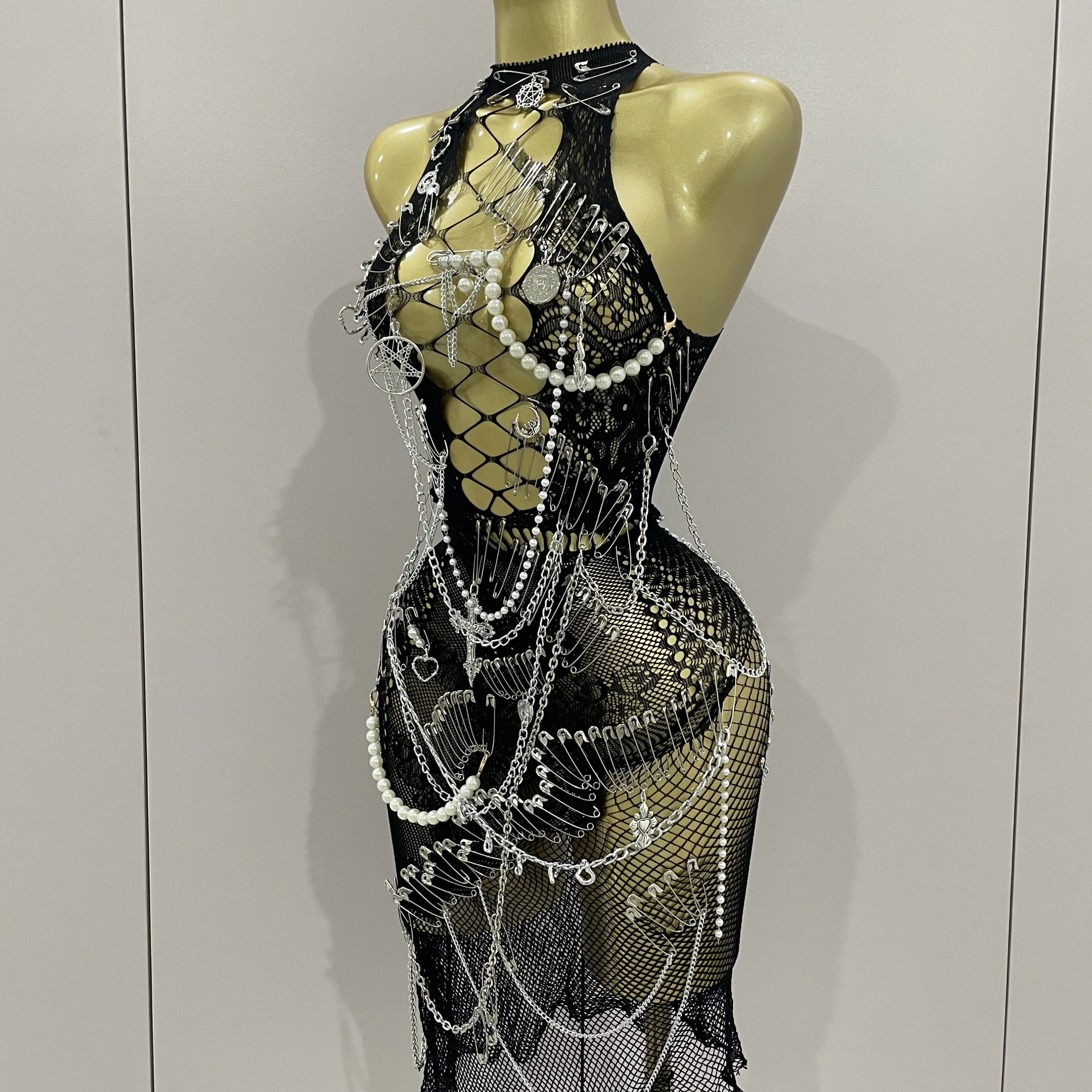 Sexy Black See-Through Pin Decoration Chain Beading Short Dress 2025 Women Birthday Evening Party Nightclub Performance Costume
