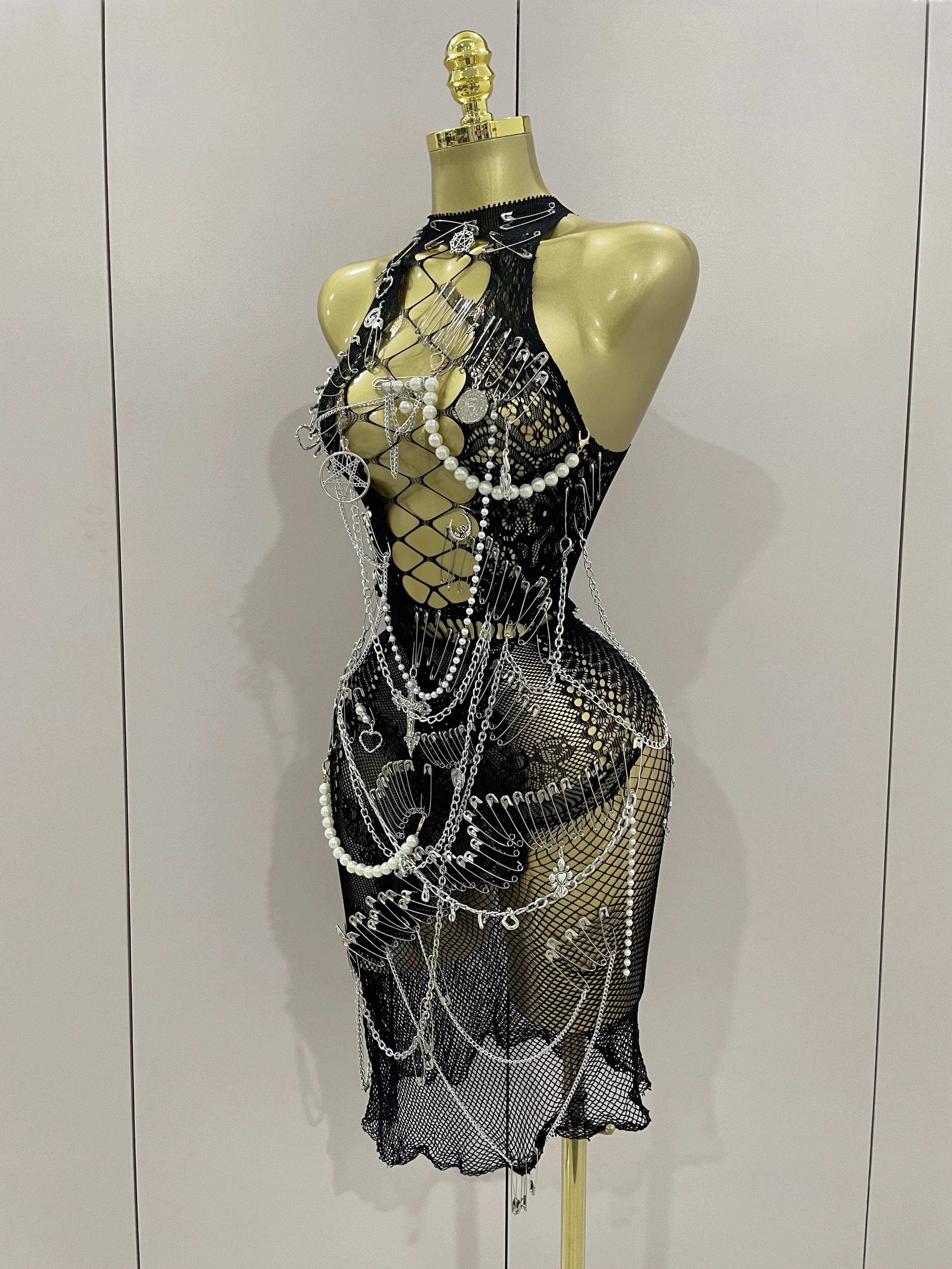 Sexy Black See-Through Pin Decoration Chain Beading Short Dress 2025 Women Birthday Evening Party Nightclub Performance Costume