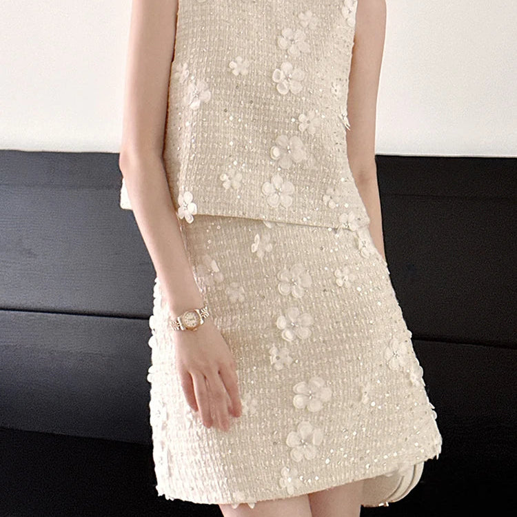 Patchwork Floral Two Piece Sets For Women Round Neck Sleeveless Vest High Waist Mini Skirt Casual Set Female 2023