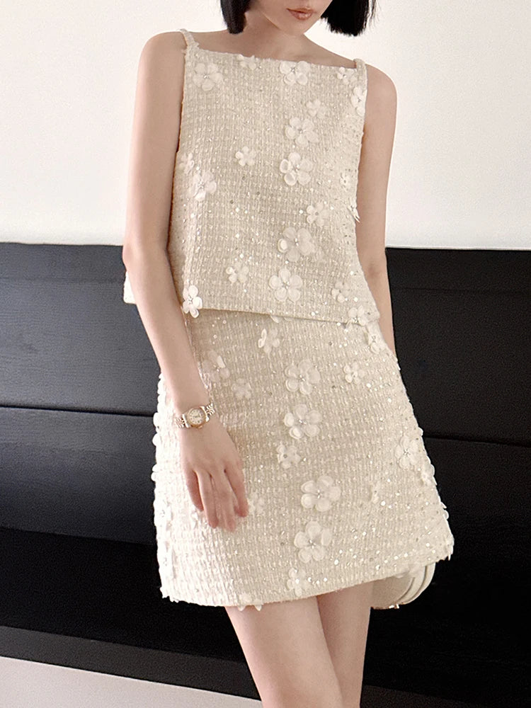 Patchwork Floral Two Piece Sets For Women Round Neck Sleeveless Vest High Waist Mini Skirt Casual Set Female 2023