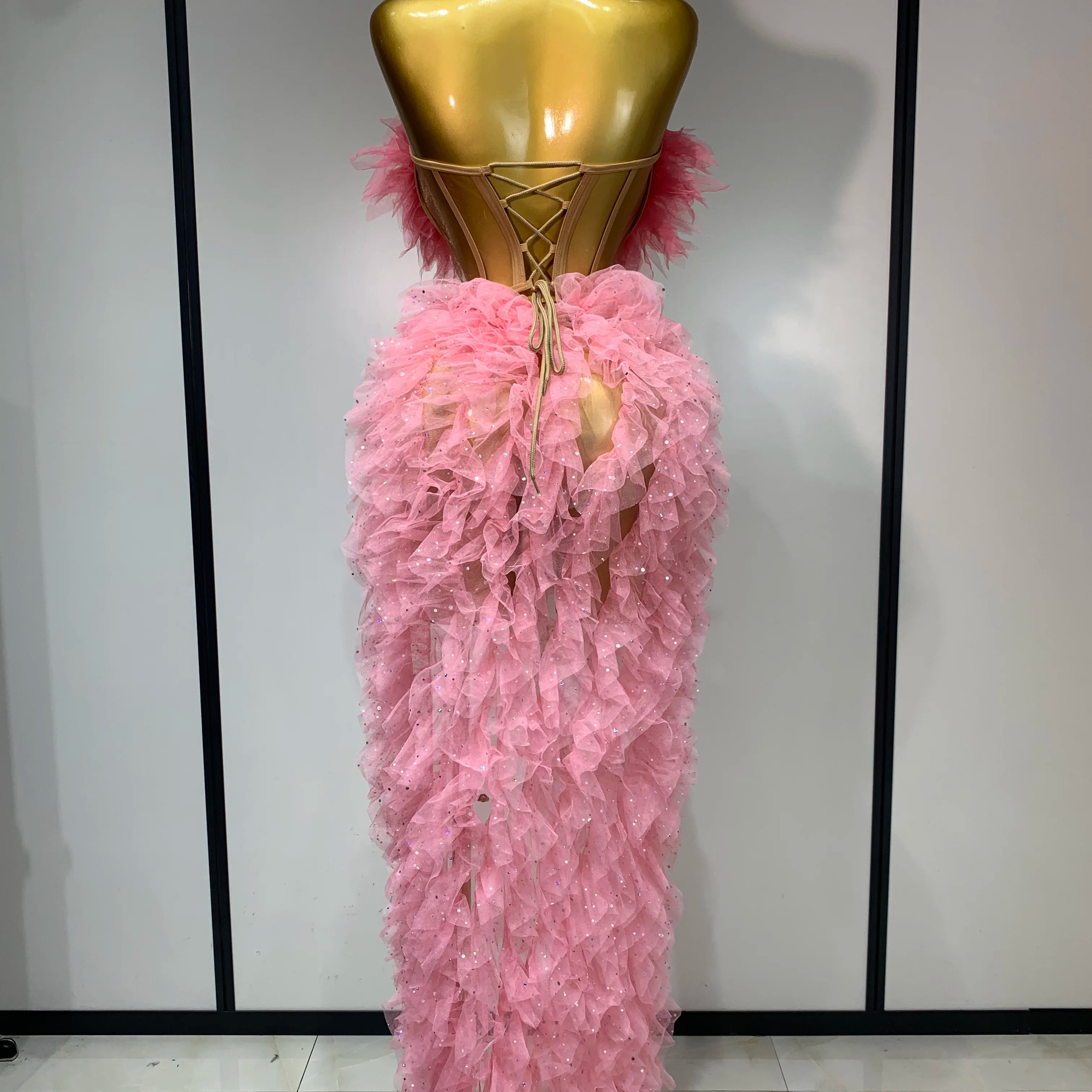 Women Sexy Strapless Ruffles two Pieces Set Bodycon Long Dress High Split Fashion Nightclub Party Birthday Singer Stage Outfit