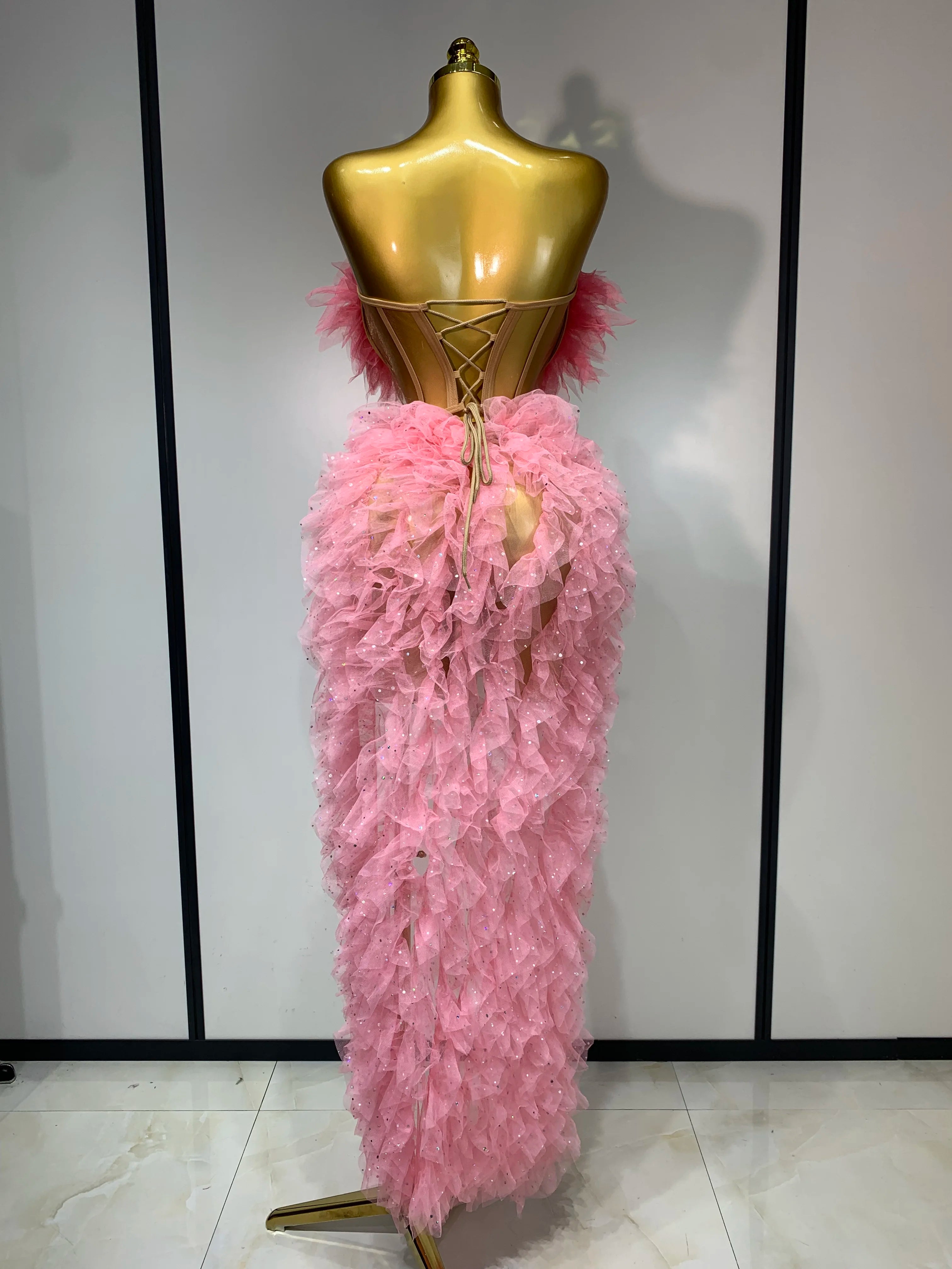 Women Sexy Strapless Ruffles two Pieces Set Bodycon Long Dress High Split Fashion Nightclub Party Birthday Singer Stage Outfit