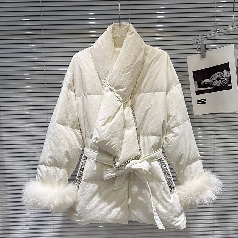 Winter New Fashionable Rhinestone Edge Furry Cuff Scarf Collar Warm Jacket For Women Loose Lace-up Waist Coat 11A07672 Milky White One Size