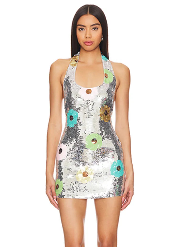 Luxury Women Celebrity Sexy Backless Halter Leaf Mesh Sequins Mini Gowns Dress 2025 Elegant Evening Party Club Vestido Silver