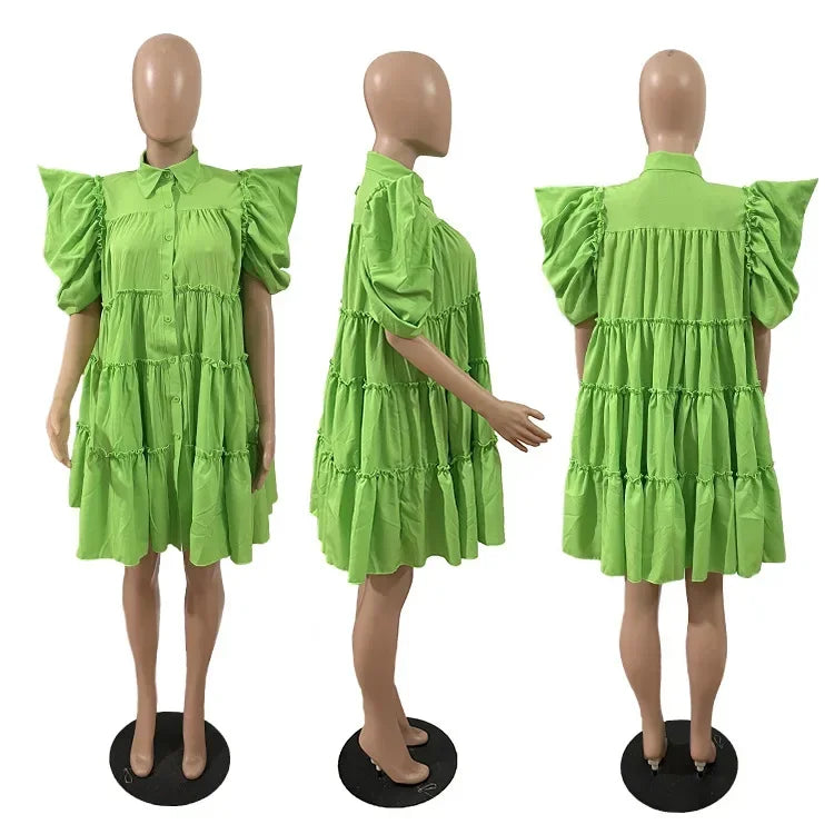 Elegant Women Puff Short Sleeve Smock Dress 2022 Summer Chic Big Swing Loose Turn-down Neck Sundress Vestidos Light Green