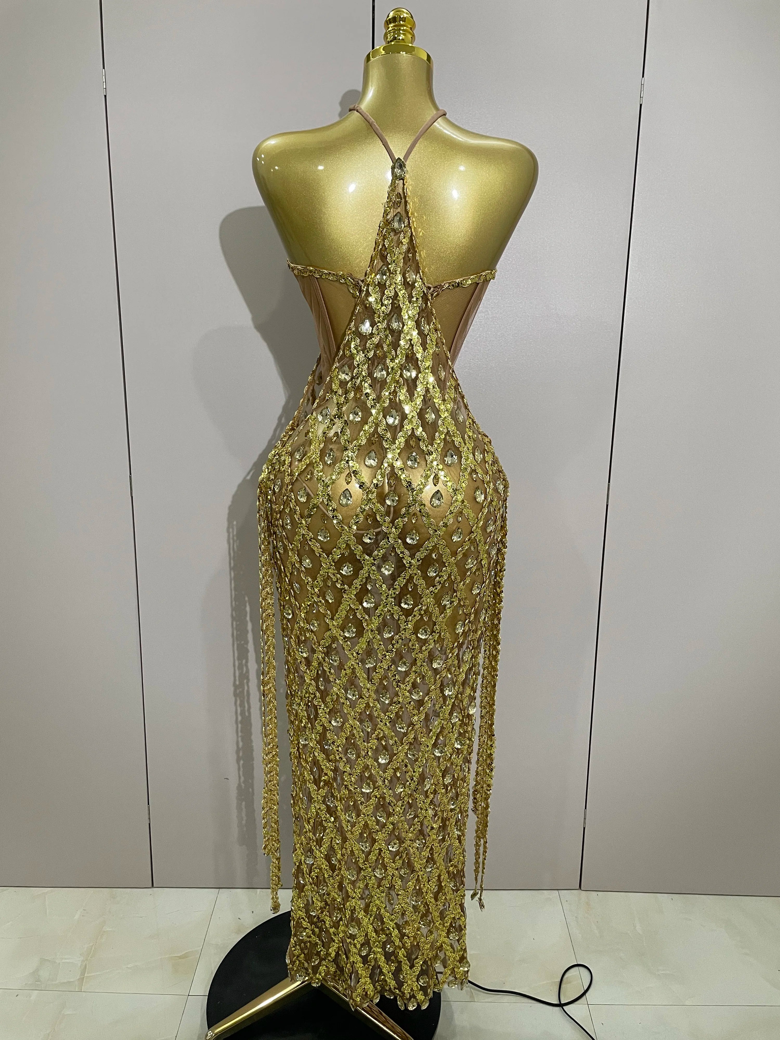 Stock Sexy Sparkly Gold Rhinestones Sleeveless Mesh Two Piece Long Dress 2025 Women Birthday Party Celebrate Prom Stage Costume