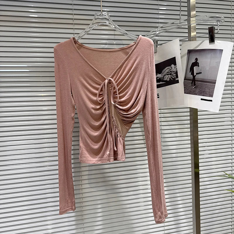 Winter New Fashion Hollow Mesh Drawstring T-Shirt Slim Fit Asymmetrical Hem Wrapped Hip Skirt Set For Women 11A07733