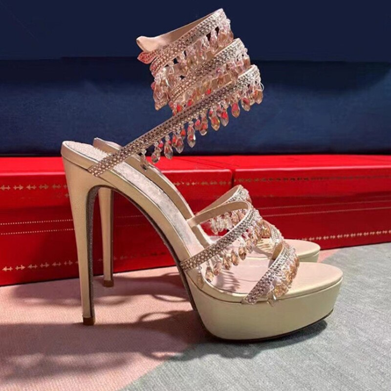 Summer New Round Toe Thick Sole Sandals with Snake Twisted Beaded Water Diamond Thin Heel High Heel Sandals for Women