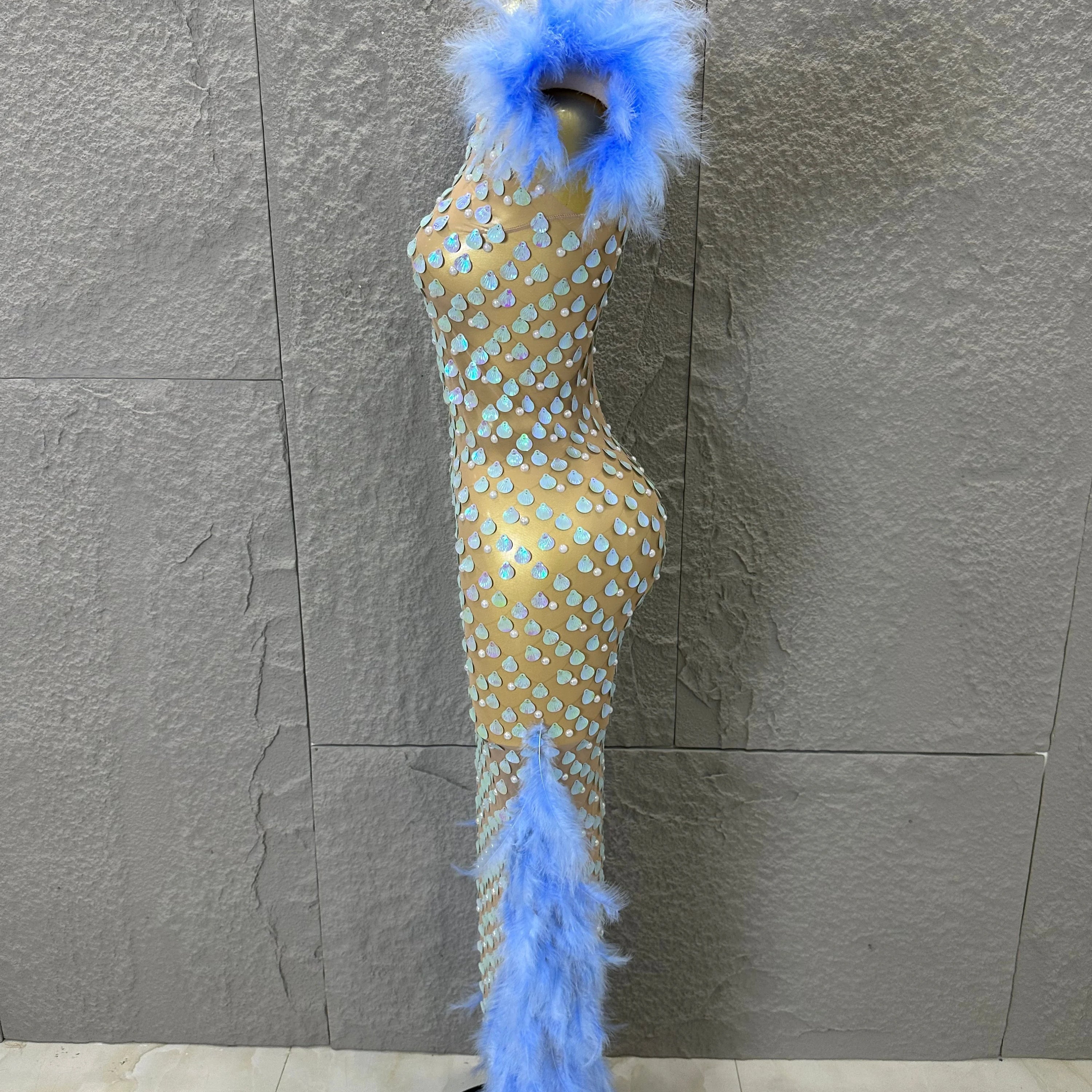 Women Blue Feather Trim Teardrop Sequin Embellished Bodycon Stage Performance Gown Nude Sheer Mesh Maxi Dress