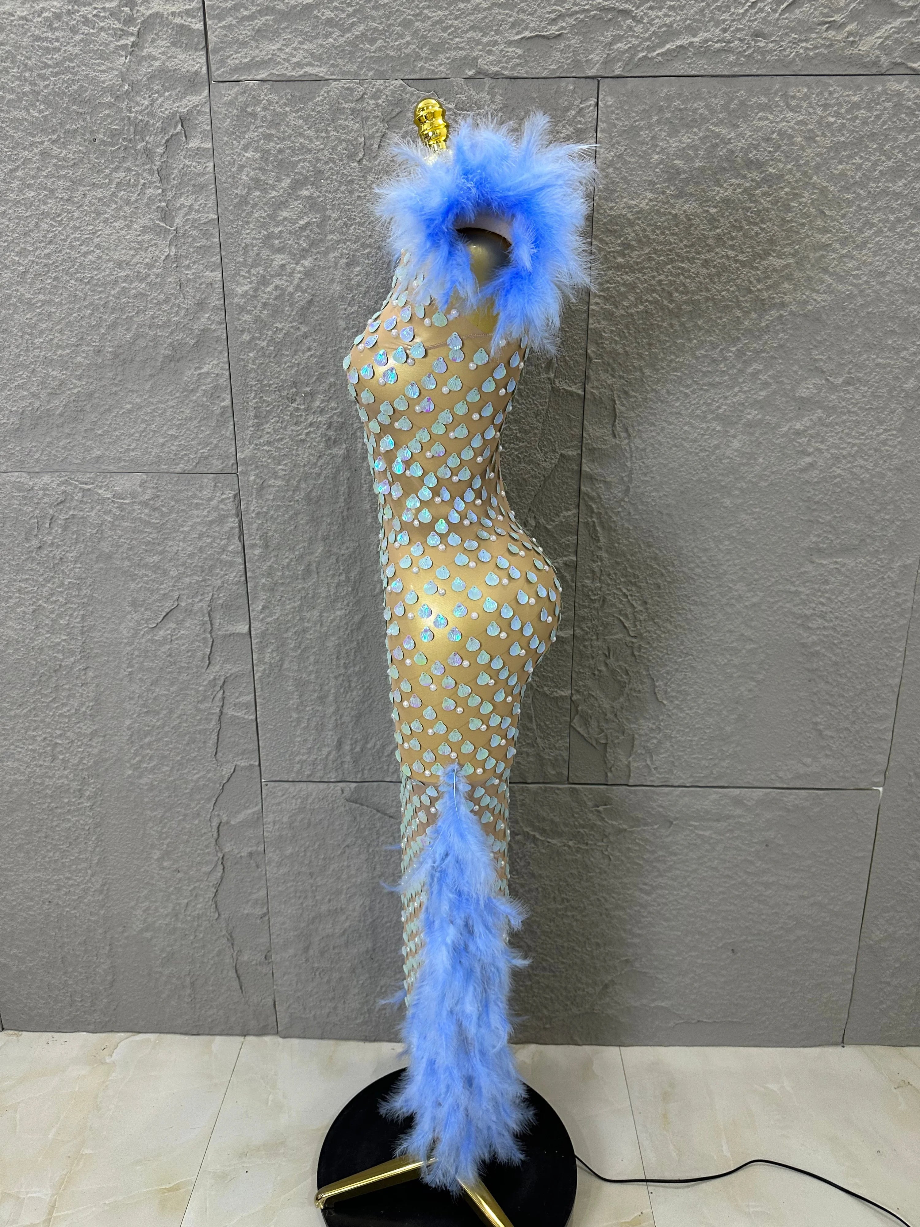Women Blue Feather Trim Teardrop Sequin Embellished Bodycon Stage Performance Gown Nude Sheer Mesh Maxi Dress