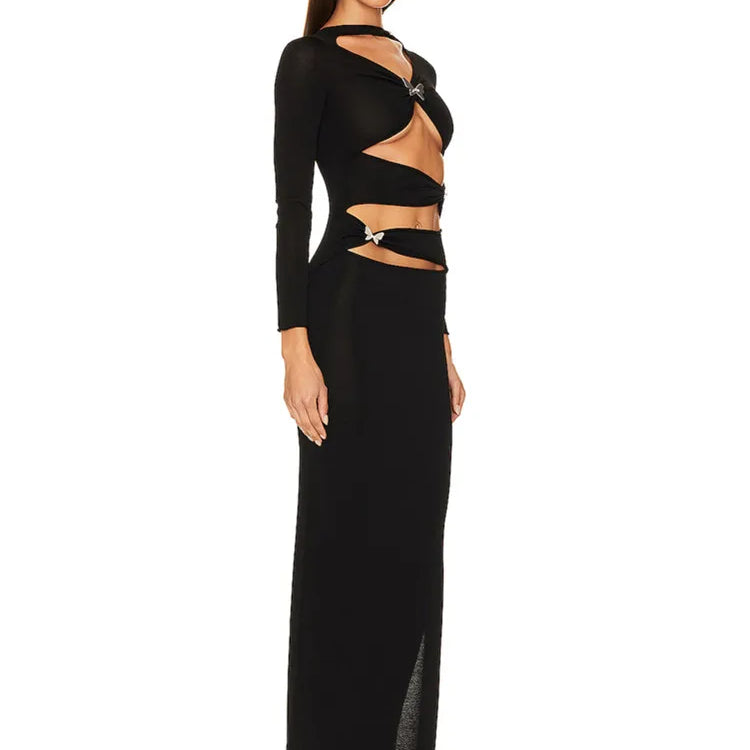 Luxury Women Celebrity Sexy Cut Out Butterfly Long Sleeve Black Maxi Long Bodycon Dress 2024 Elegant Evening Club Party Dress