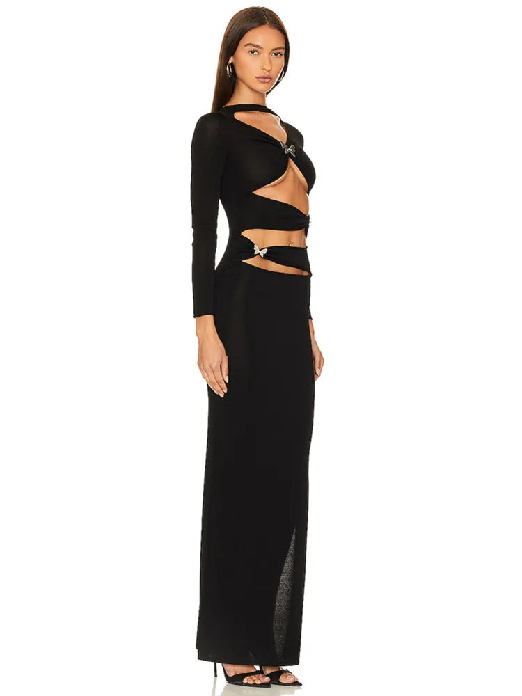 Luxury Women Celebrity Sexy Cut Out Butterfly Long Sleeve Black Maxi Long Bodycon Dress 2024 Elegant Evening Club Party Dress