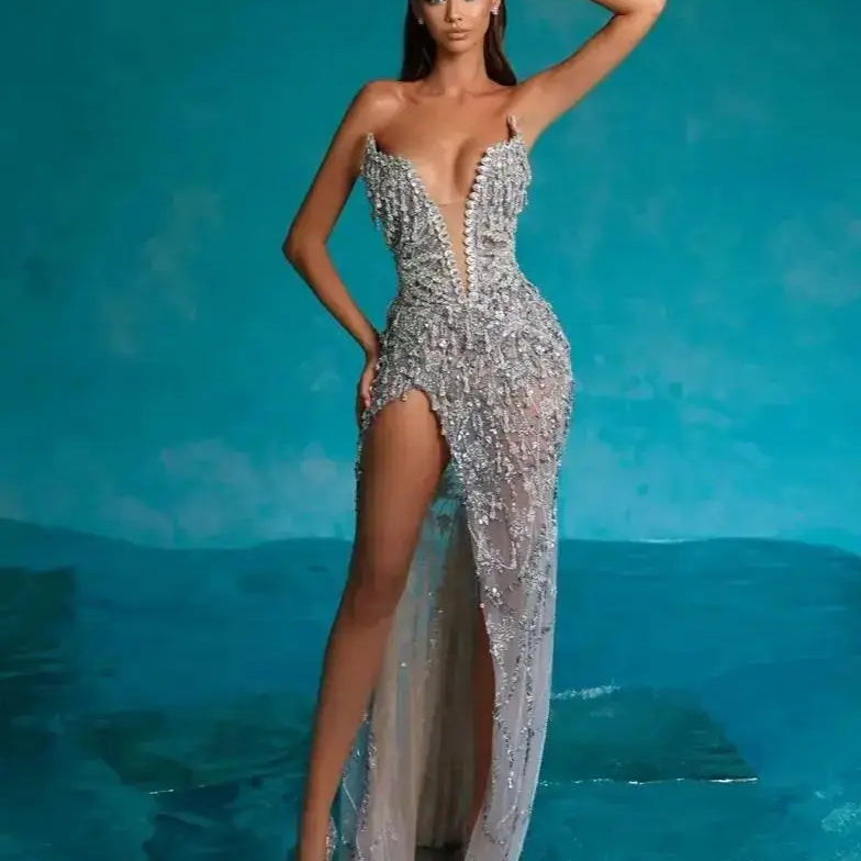 Luxury Diamonds Beading Sexy High Slit V-Neck Strapless Ankle Length Dress Goddess Dress Celebrity Evening Party Outfit Silver