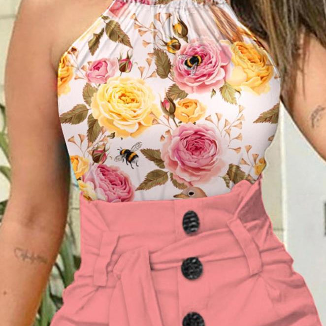 Two Piece Sets Women Outifits 2024 Fashion Floral Print Halter Sleeveless Top &amp; Casual Buttoned High Waist Daily Shorts Set