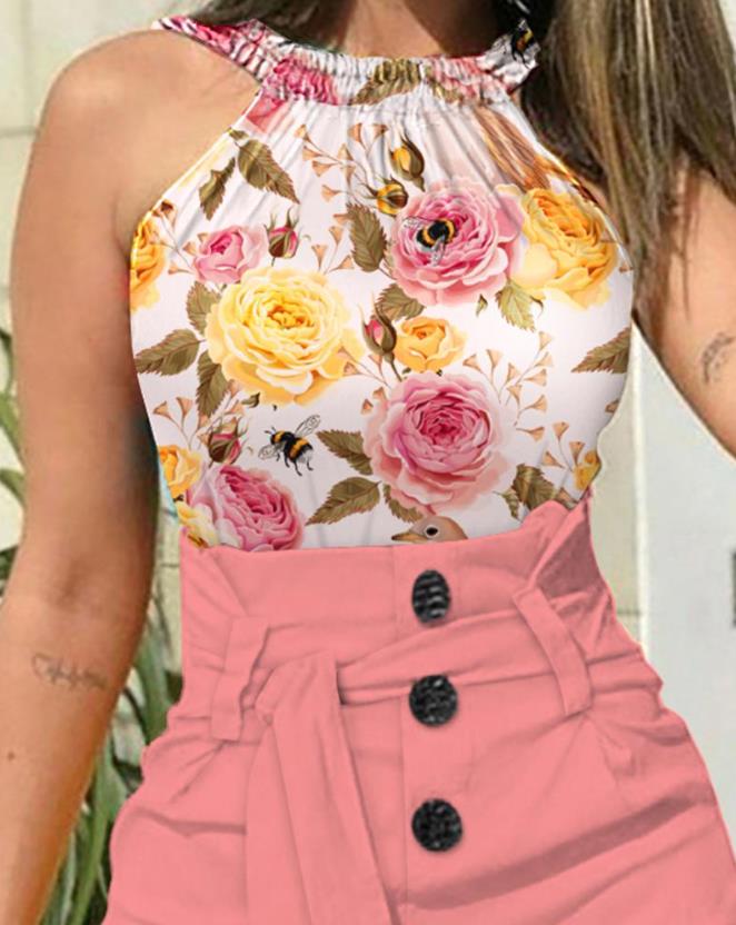 Two Piece Sets Women Outifits 2024 Fashion Floral Print Halter Sleeveless Top &amp; Casual Buttoned High Waist Daily Shorts Set