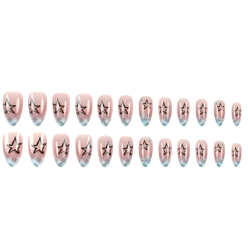 24pcs Blue Plaid Gradient Fake Nails Phototherapy French Tips Y2k Style Press On Nails Long Almond Cool Stars False Nail Patches