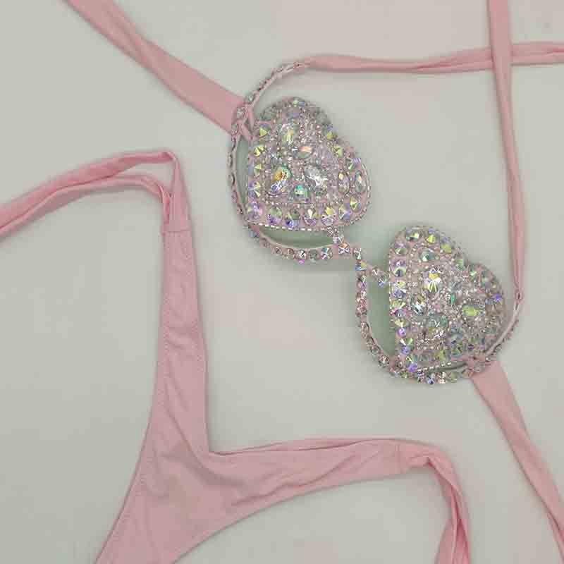 Rhinestone Bikini Sexy Women Swimwear 2024 Newest Push Up Female Swimsuit Manual Crystal Diamond Bathing Suit Pink