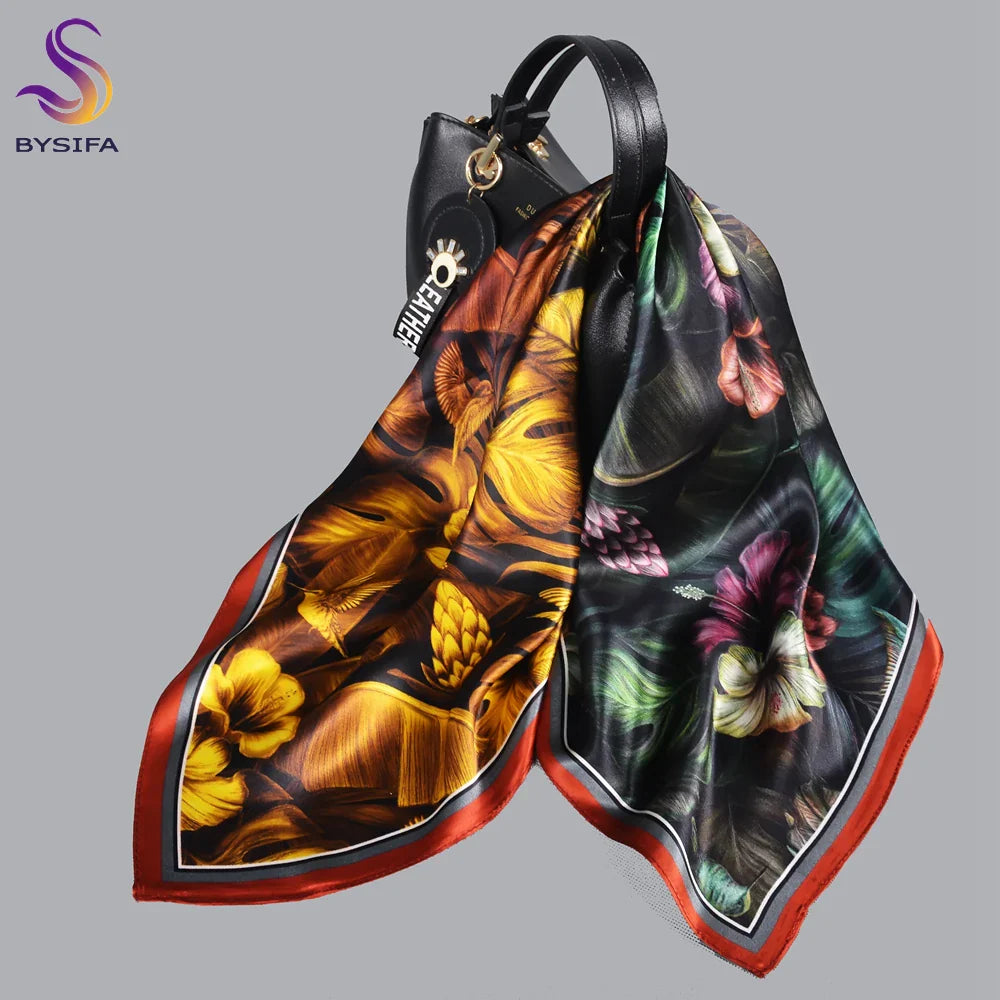 BYSIFA| New Grey Blue Silk Scarf Fashion Floral Design 70cm Square Scarves Fall Winter Neck Scarf Hijab Sweet Headband 65*65cm red green