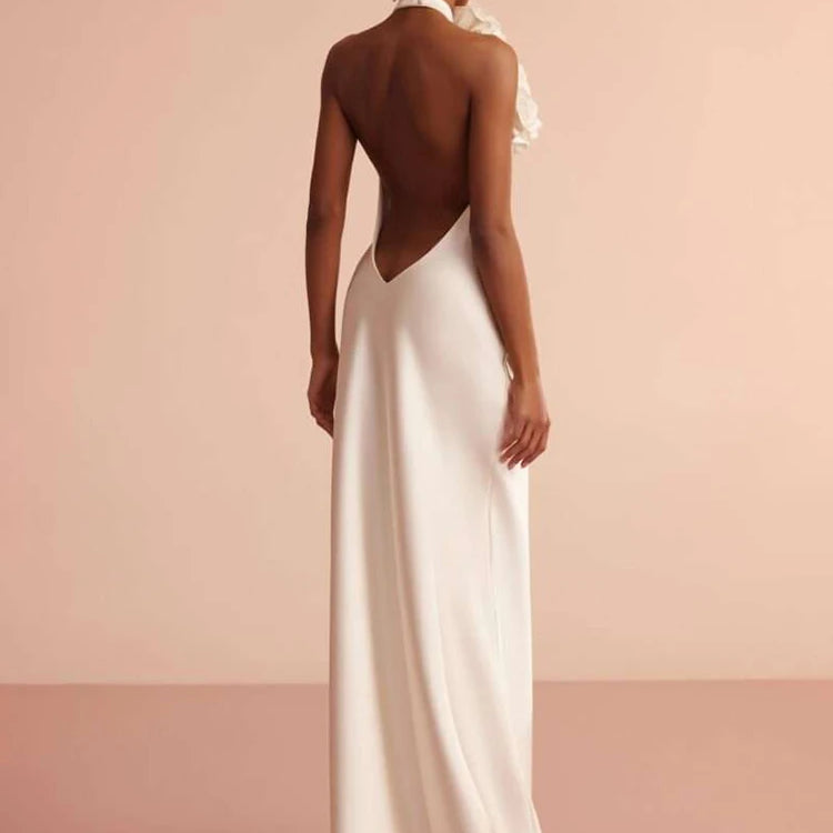White Satin Halter Backless Long Dress For Women Sleeveless Flowers Embellished Slim Prom Elegant Evening Party Gowns