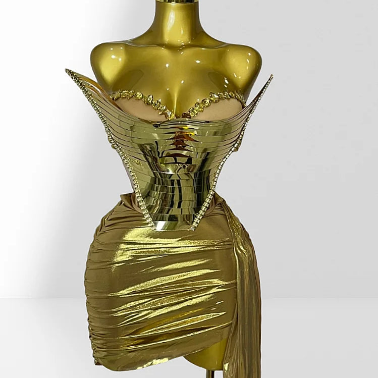 Fashionable Mirror Luxurious Rhinestone Lace -up Top And Mini Skirt Set 2 Pieces Woman Birthday Vestido Music Festival Outfit Gold