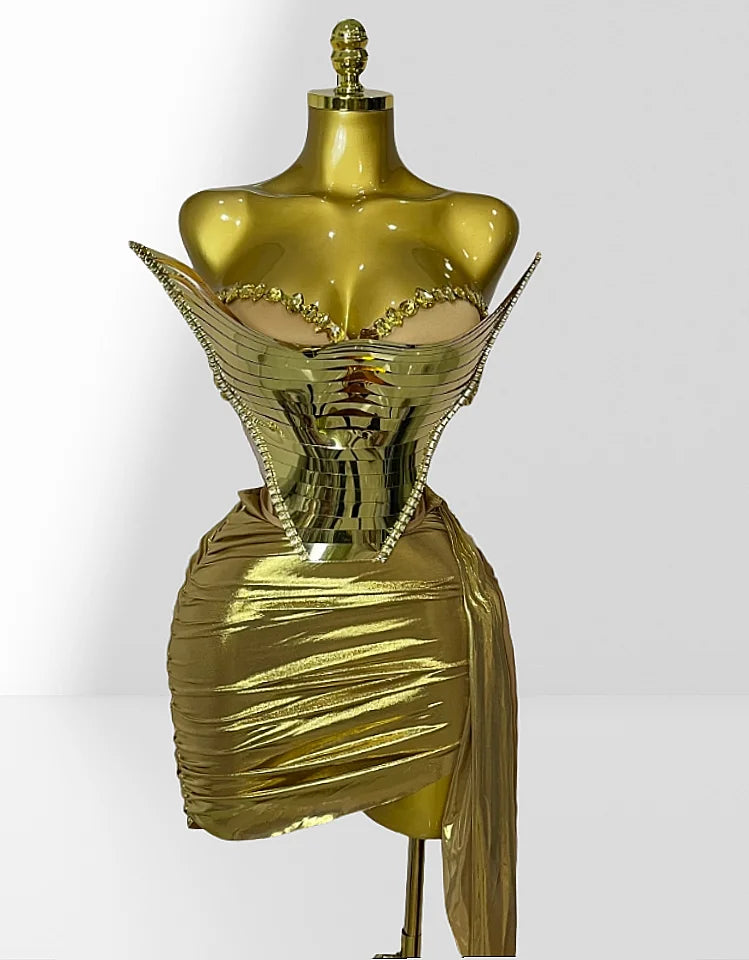 Fashionable Mirror Luxurious Rhinestone Lace -up Top And Mini Skirt Set 2 Pieces Woman Birthday Vestido Music Festival Outfit Gold