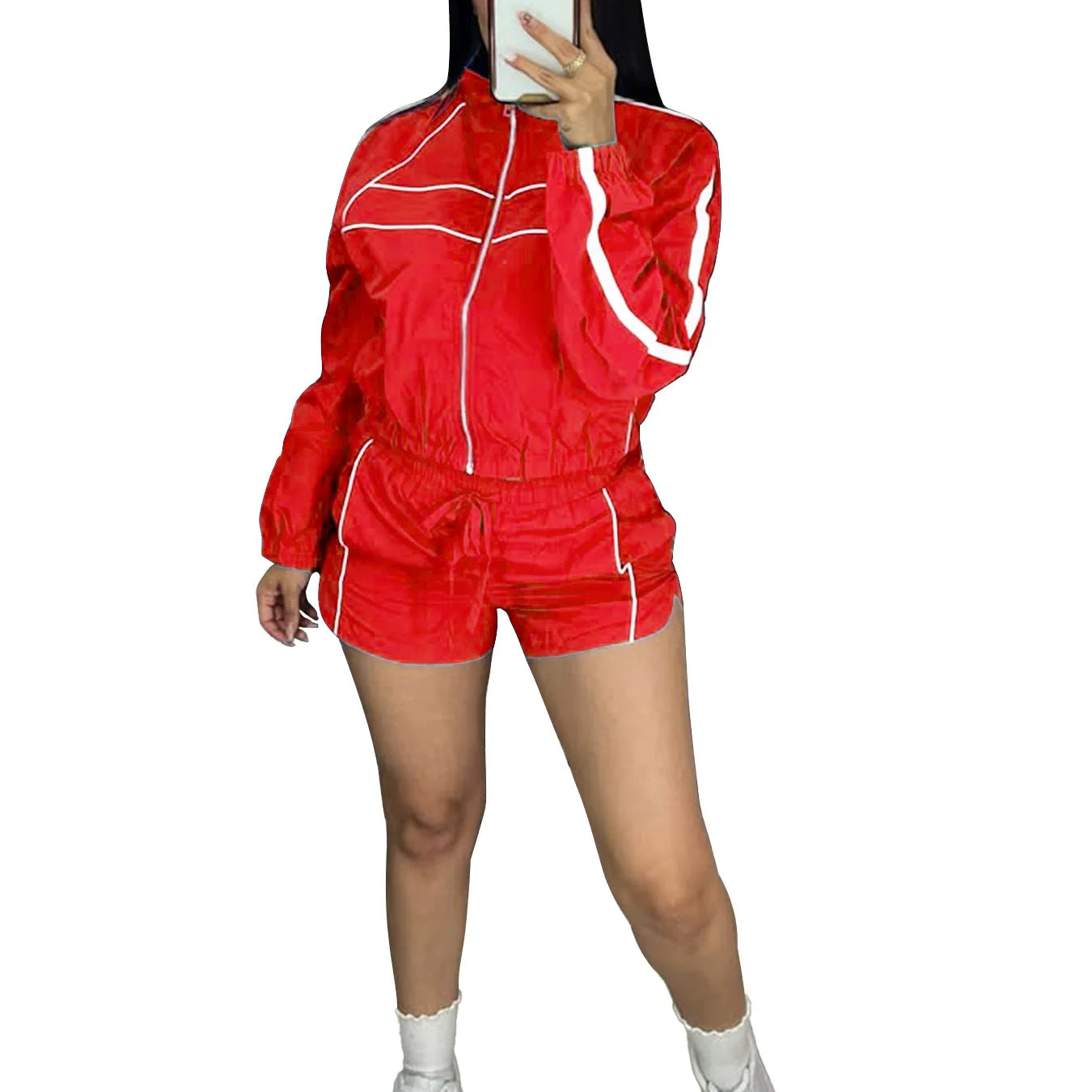 Women's Set Long Sleeve Jacket + Shorts Suit 2025 Summer Streetwear Active Slim Sporty Two 2 Piece Set Outfit Tracksuit Red