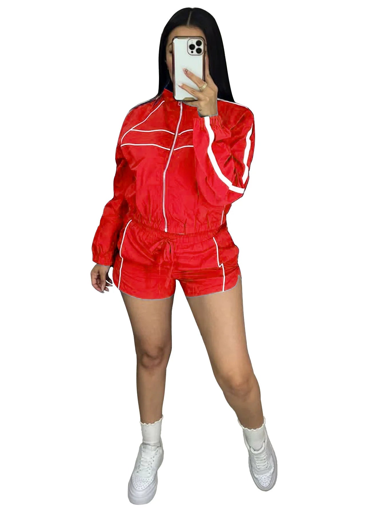 Women's Set Long Sleeve Jacket + Shorts Suit 2025 Summer Streetwear Active Slim Sporty Two 2 Piece Set Outfit Tracksuit Red