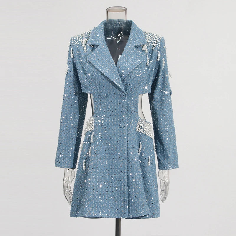 Hollow Out Dresses For Women Notched Collar Long Sleeve Patchwork Embroidered Flares Chic Dress Female Fashion New BLUE