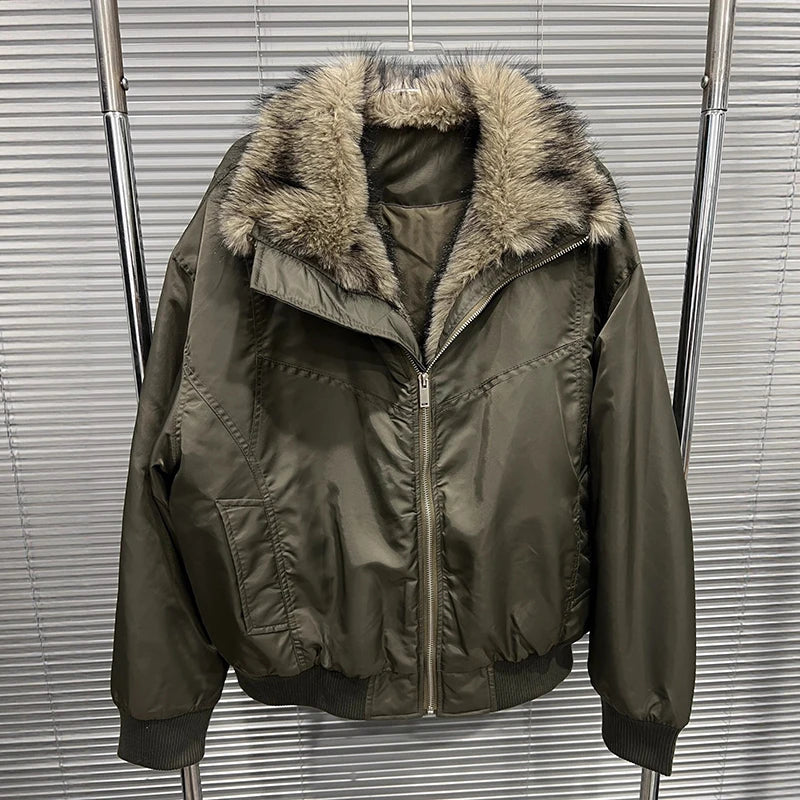 Autumn Winter New Fur Collar Cotton-padded Jacket For Women Loose Casual Short Warm Coat Female Trend 11A07564 Dark Green One Size