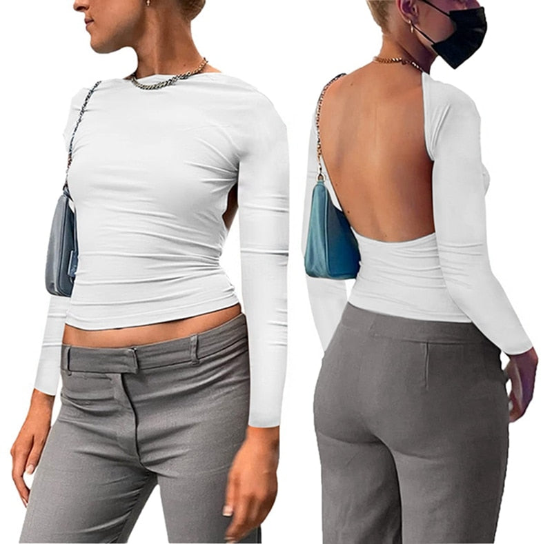 Y2K Sexy Backless Crop Top Women Casual 2024 Summer Short Sleeve O Neck T Shirts Streetwear Fit Slim Pullovers Base Tees T-Shirt Long Sleeve White