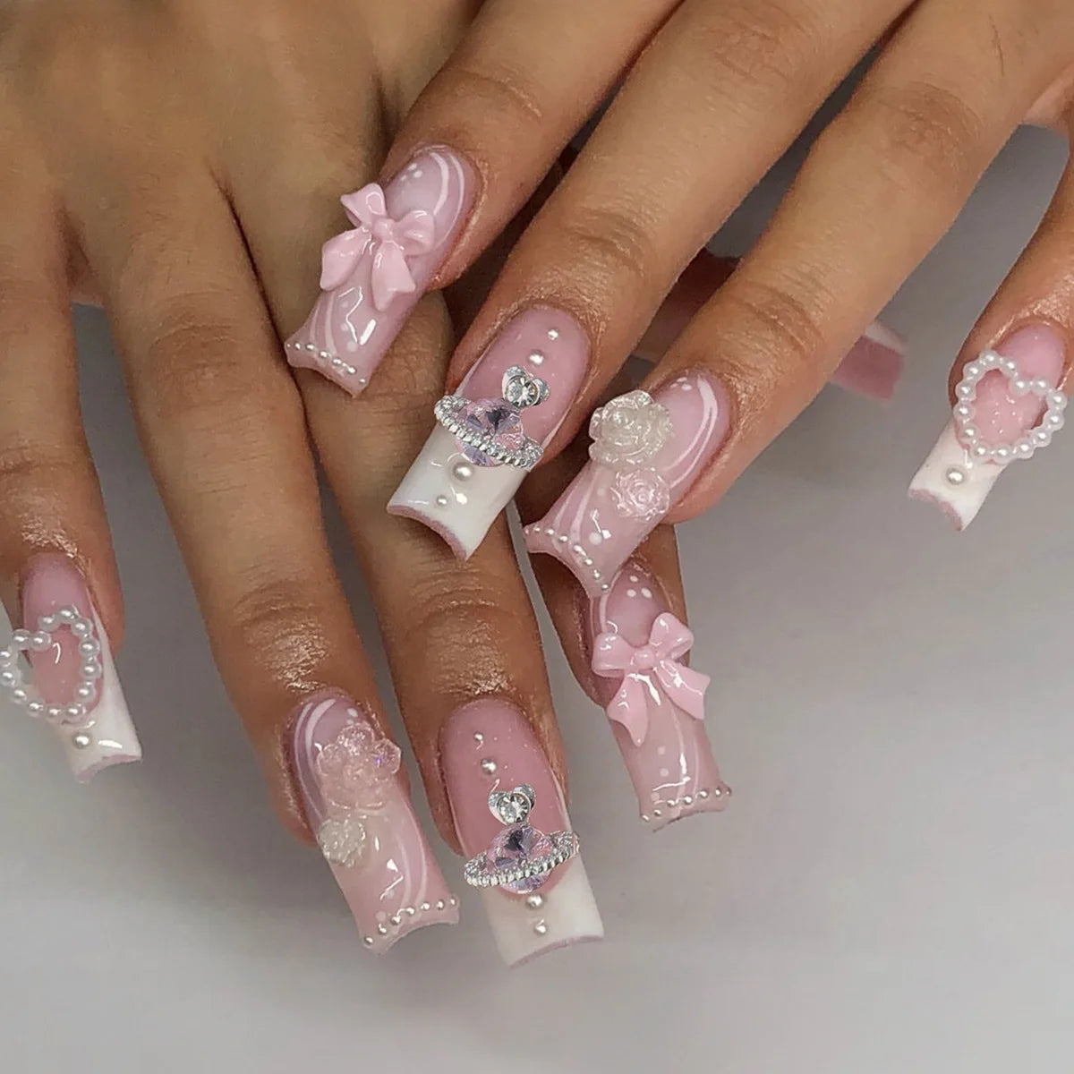 24pcs/set Long Medium short fake nails for women girls cute bow flowers decoration french tips faux ongles press on false nail 744