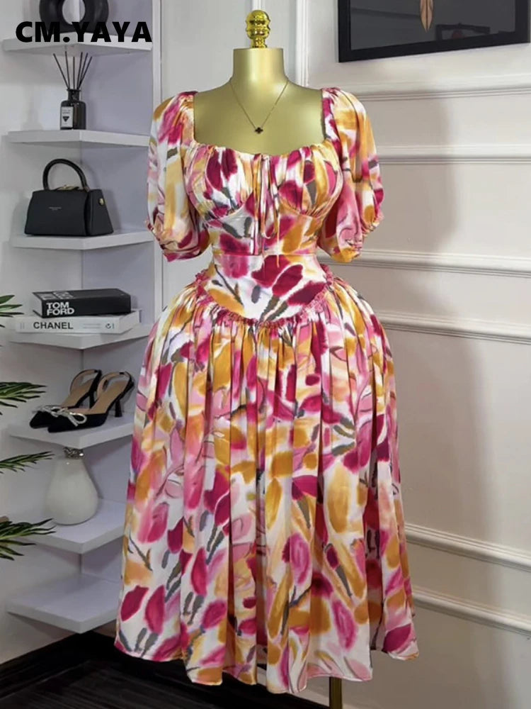 Women Tulip Foral Printed Lantern Short Sleeve Big Swing High Waist Dress 2025 Chic Birthday Party Vestidos Sexy Dresses