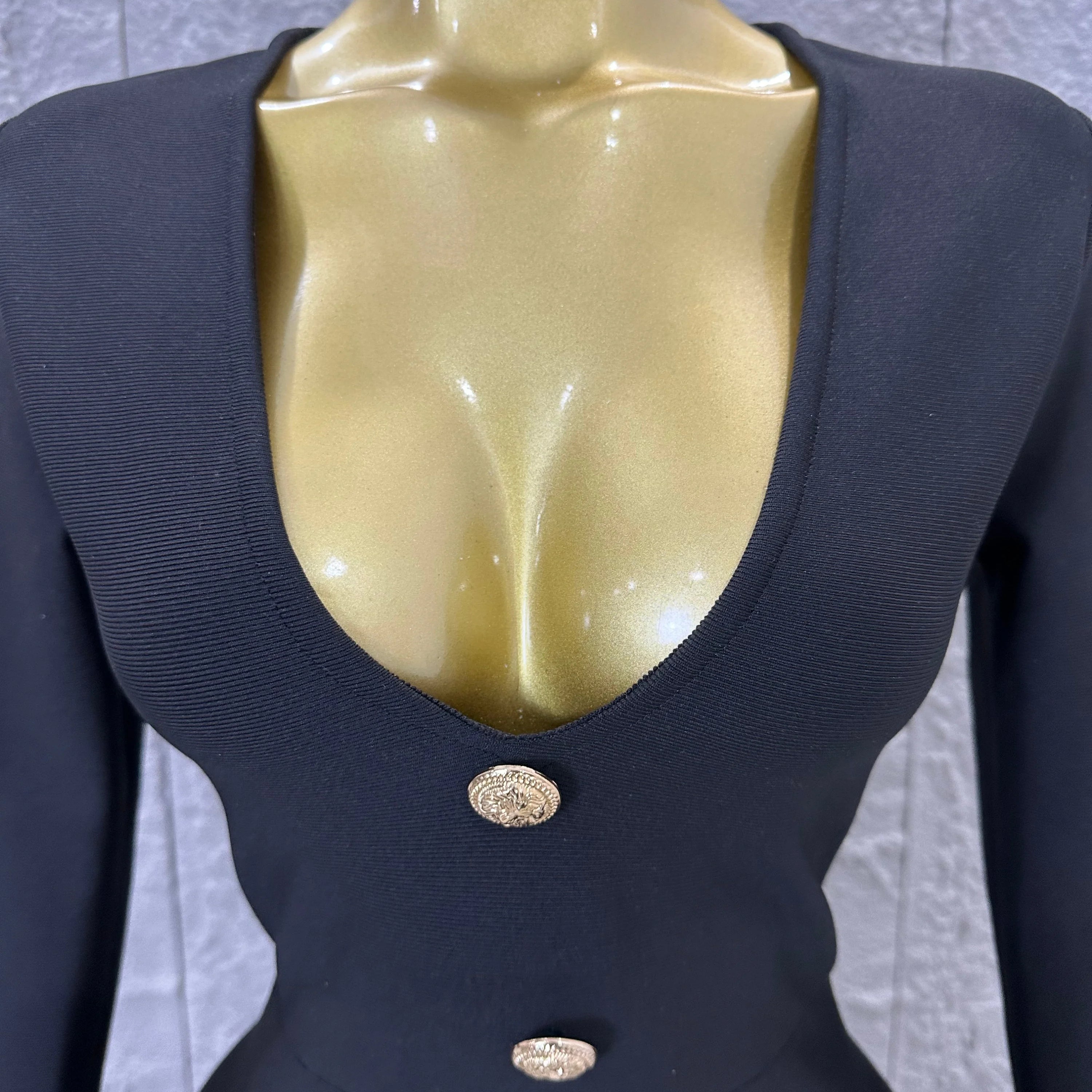 Elegant Black Deep V-Neck Midi Dress Women Sexy Long Sleeve Gold Button Form-Fitting Evening Party Cocktail Party Costume