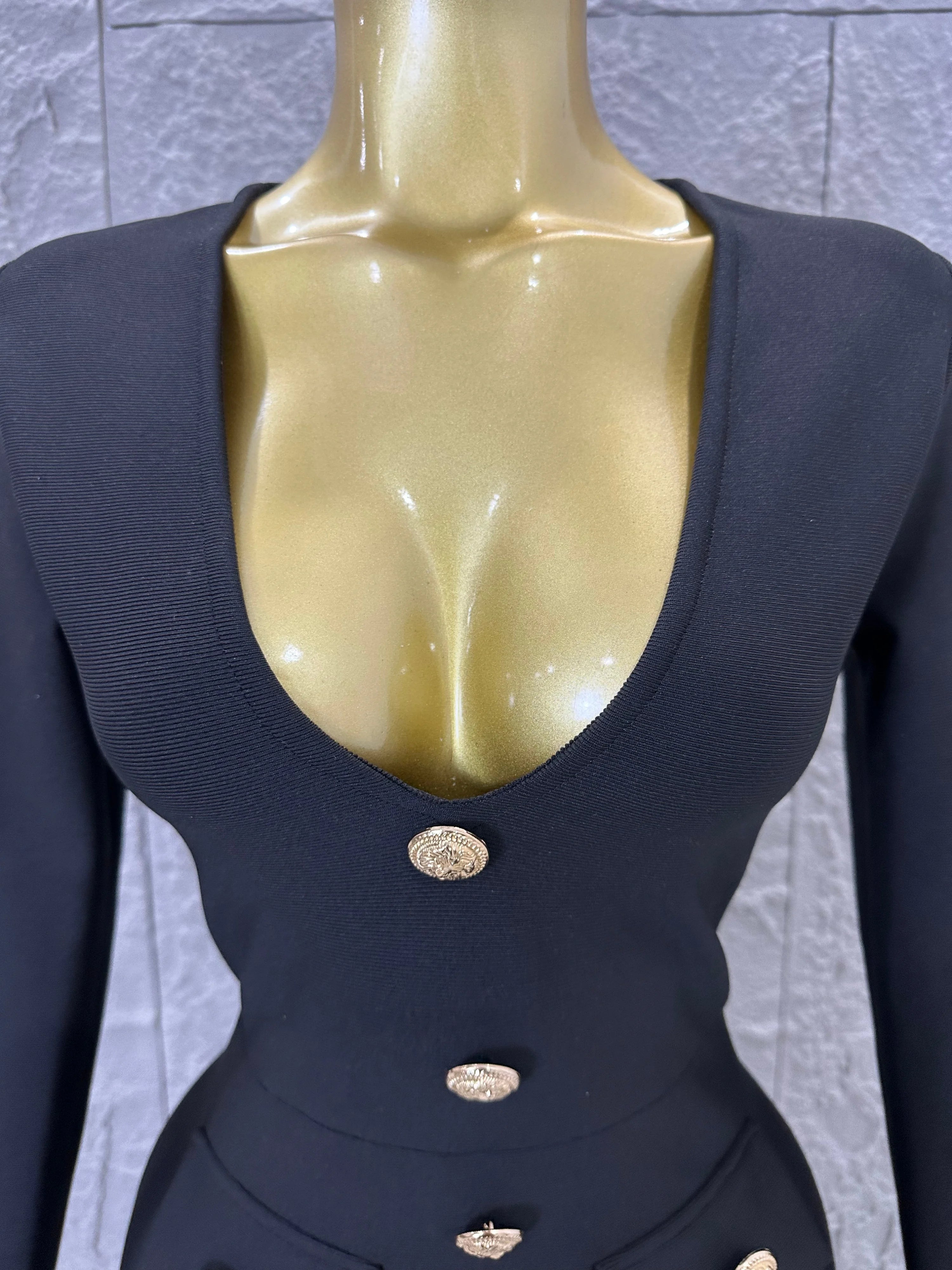Elegant Black Deep V-Neck Midi Dress Women Sexy Long Sleeve Gold Button Form-Fitting Evening Party Cocktail Party Costume