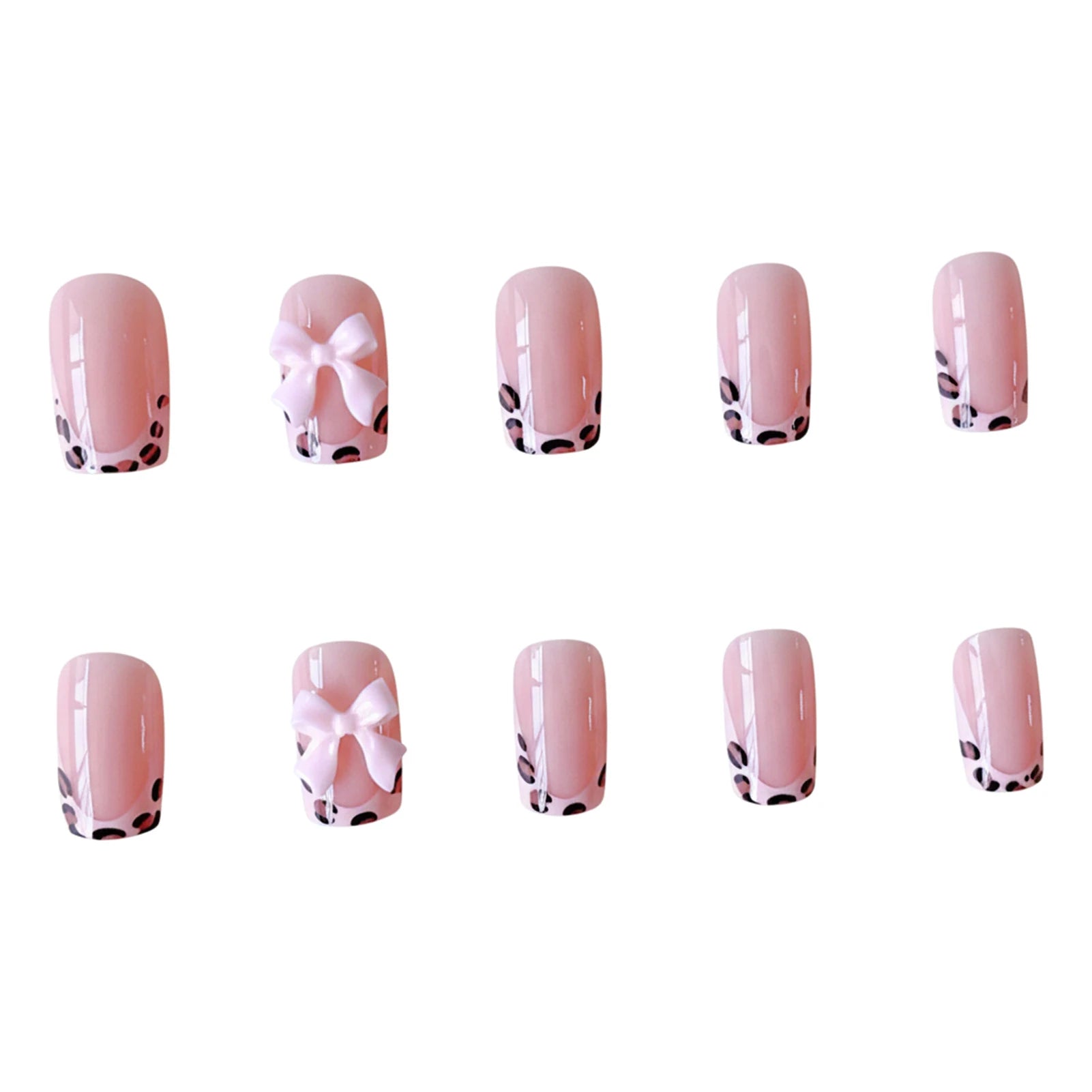 Nude Pink Color Fake Nails 24Pcs Leopard Printed French Press On Nail 3D Bowknot Decor Spicy Girls Charm Manicure Nails Supplies