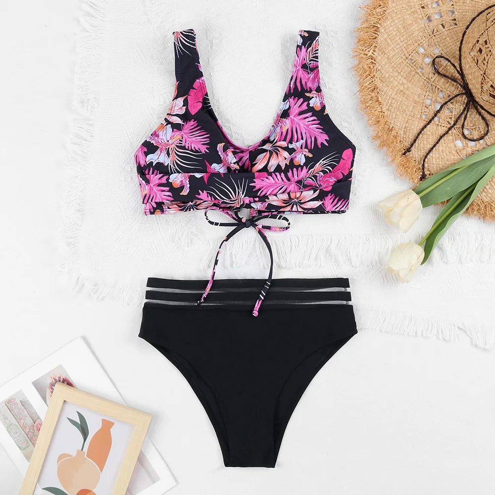 Lace Up High Waist Bikini Woman Swimsuit Women Swimwear Bathing Suit Padded Push Up Floral Print Swimsuit Women Bikini Set 4