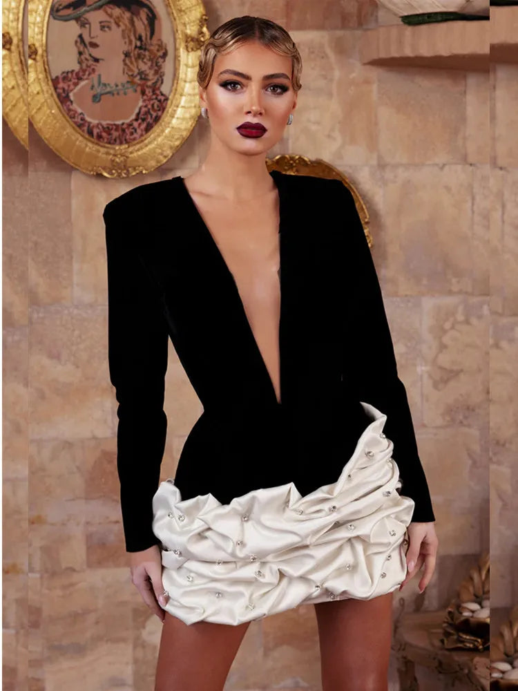 Women Winter Celebrity Sexy Long Sleeve Diamonds Beading Black Mini Bodycon Bandage Dress 2025 Elegant Evening Club Party Dress black