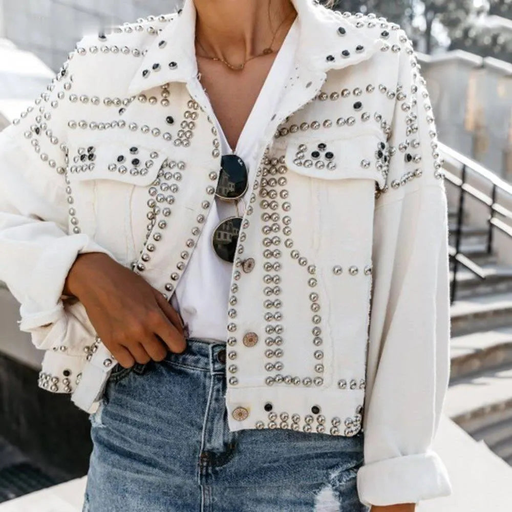 Women Outwear Studded Denim Jacket 2022 Spring Autumn Lapel Loose Single Breasted Buckle Casual Short Jeans Coats 4