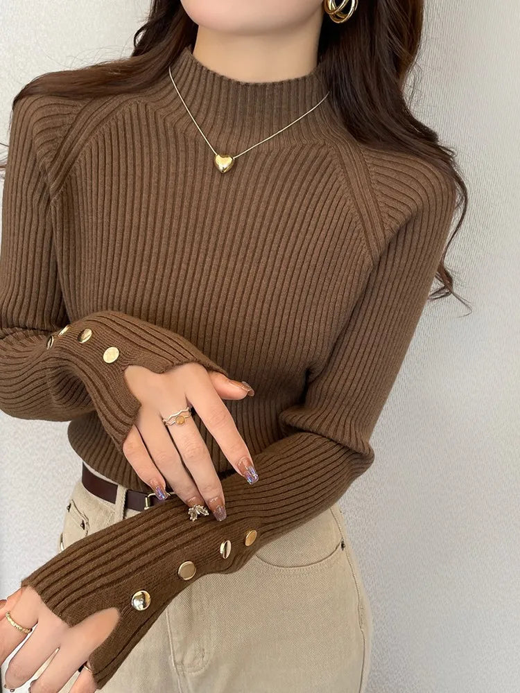 Autumn Winter Sweater Women Pullovers Long Sleeve Tops Clothes Slim Knit Soft Jumper Streetwear Button Turtleneck Sweater Brown One Size