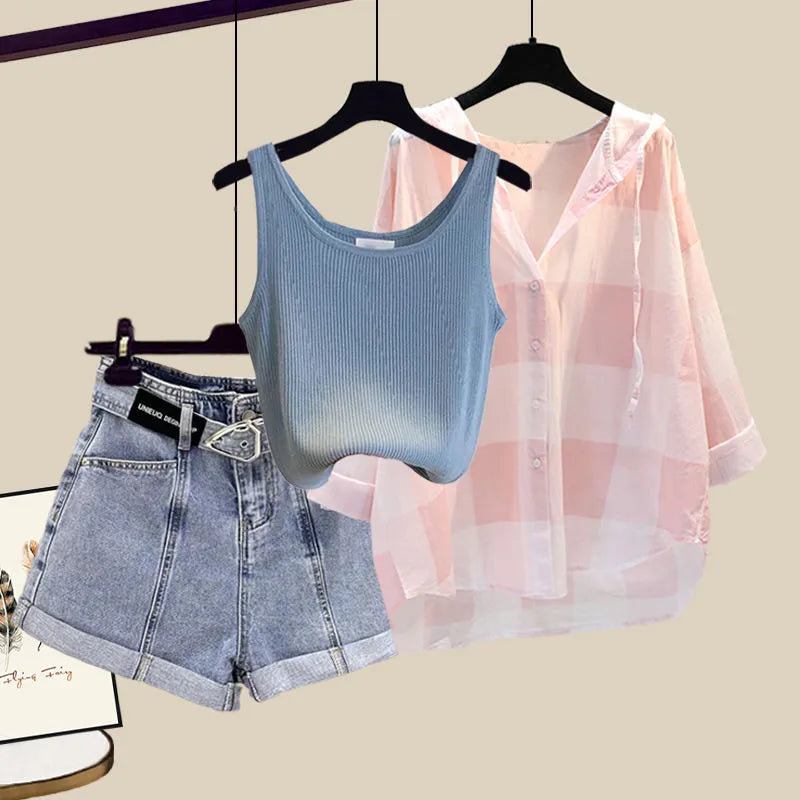 Women's Summer Shorts Suit 2024 New Casual Shirt+Strap+High Waist Jeans Three Piece Korean Elegant Blouse Pants Matching Set Set 010