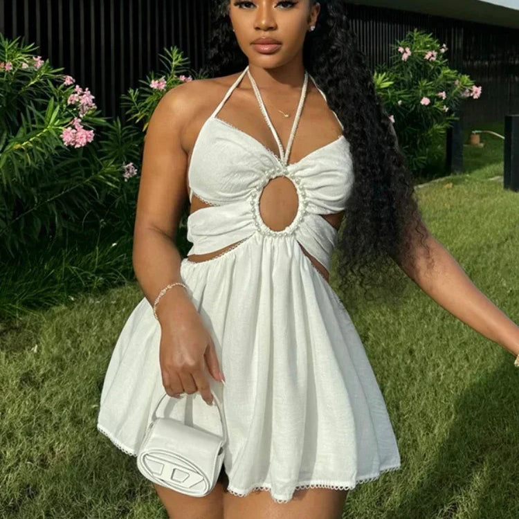 2024 Women Halter Strap Sleeveless Mini A-Line Dress Sexy Beading Backless Streetwear Evening Night Club Party Dresses